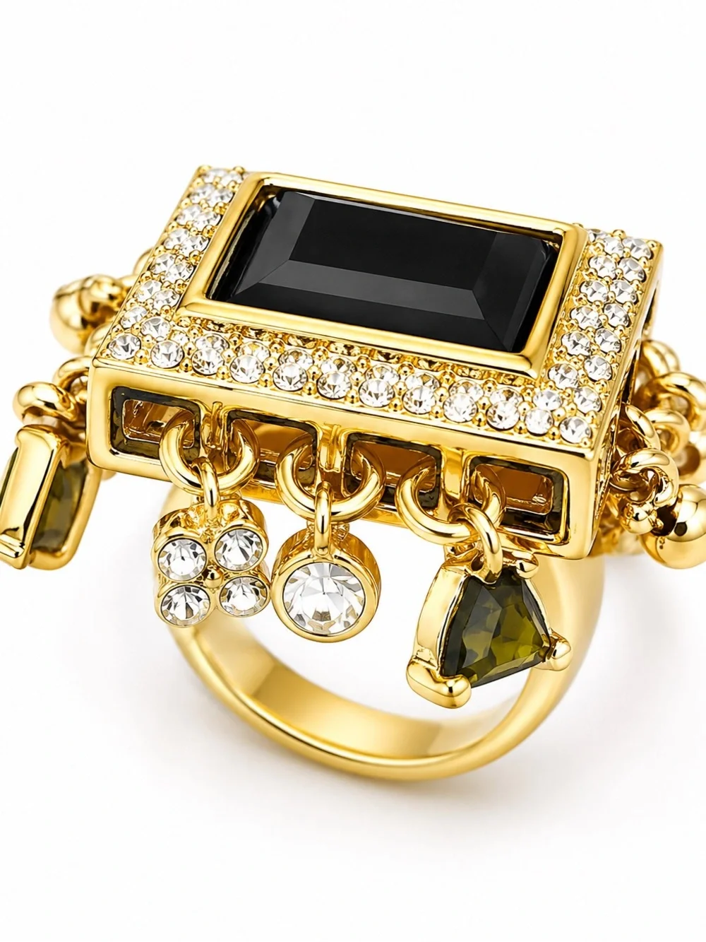 Gold Tone Black Crystal Statement Ring Rhinestone Charm Cocktail Ring NWT